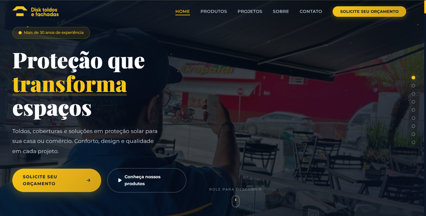 Site Serviços: Disk Toldos — Site de toldos e coberturas com catálogo e orçamento.